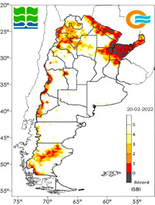Condición de sequía al 20 de febrero, calculado a través del Índice de Sequía BHOA IMERG (o ISBI)