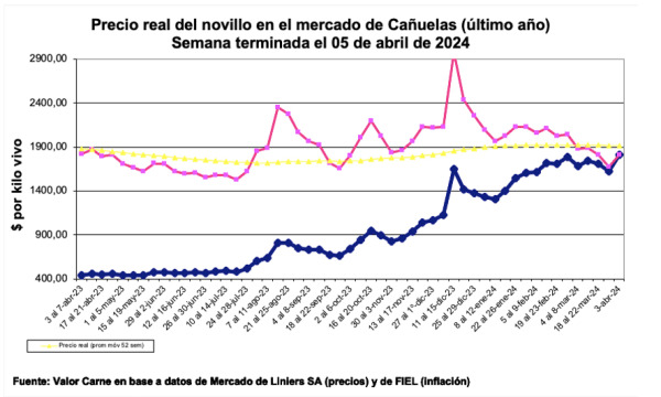 Línea rosa: precio deflacionado – Línea azul: precio corriente