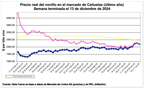 Línea rosa: precio deflacionado – Línea azul: precio corriente.